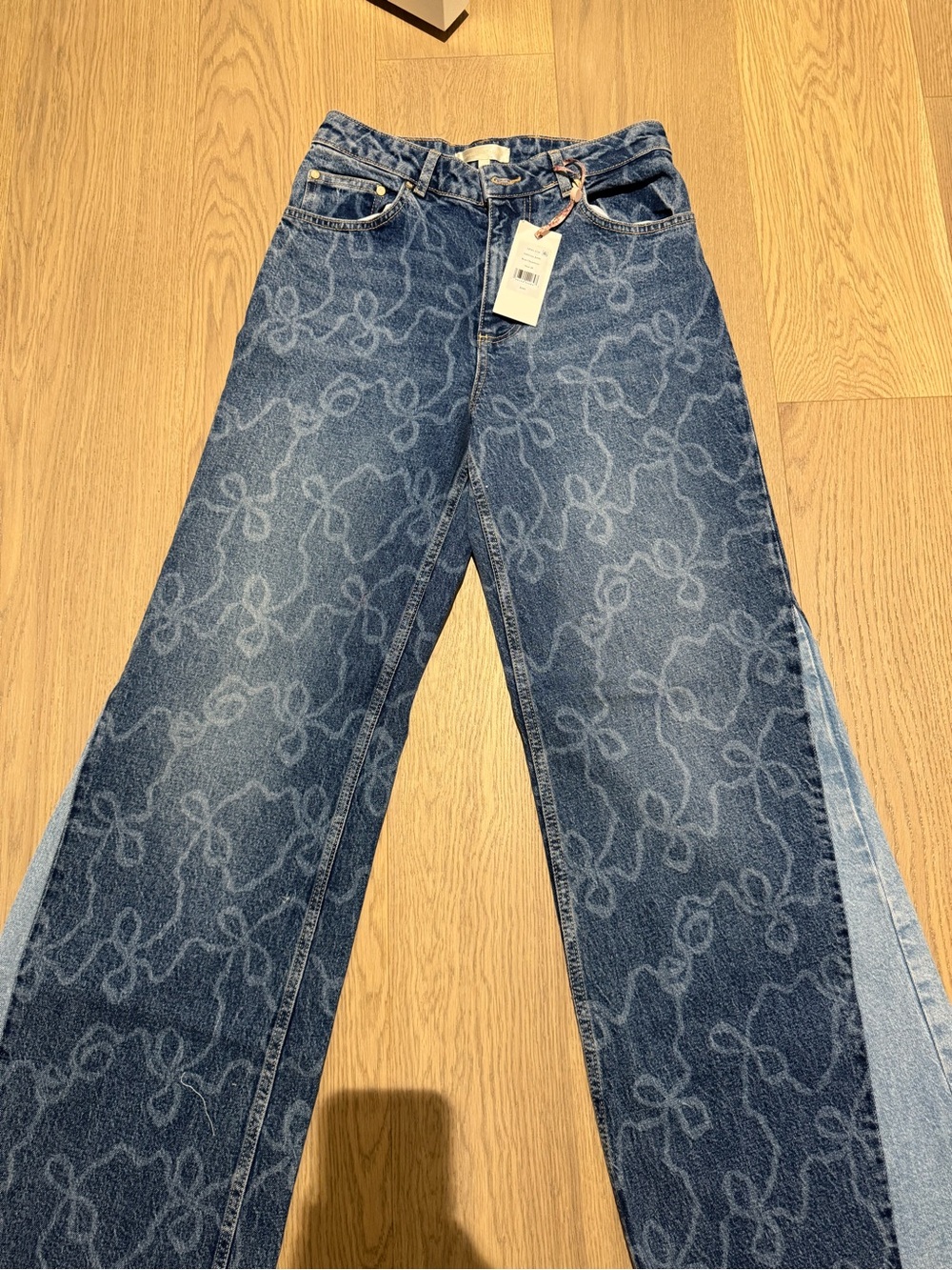 LoveShackFancy Dark Blue Patterned Boot-Cut Jeans
